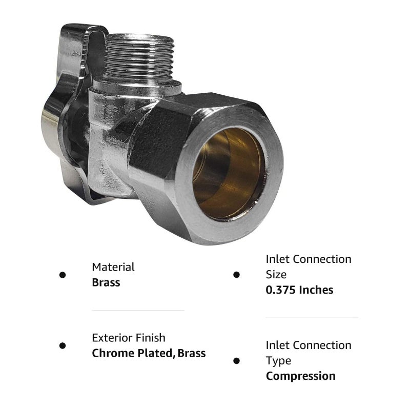 Miiflex Heavy Duty Chrome Plated Brass 1/4 Turn Angle Stop Valve 1/2" NOM (5/8" OD) COMP x 3/8" COMP Less Ferrule and Nut [10 Pack] - Image 3